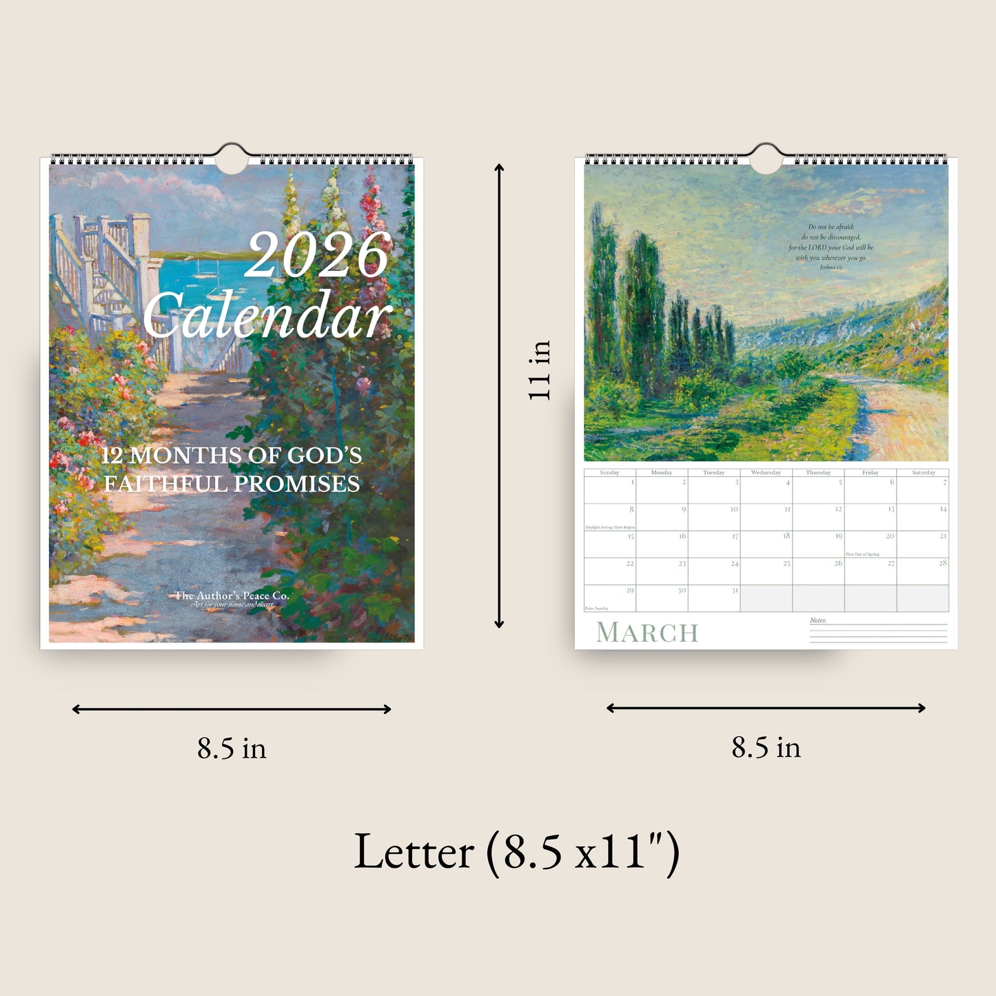 2026 calendar with landscape design and dimensions on a beige background