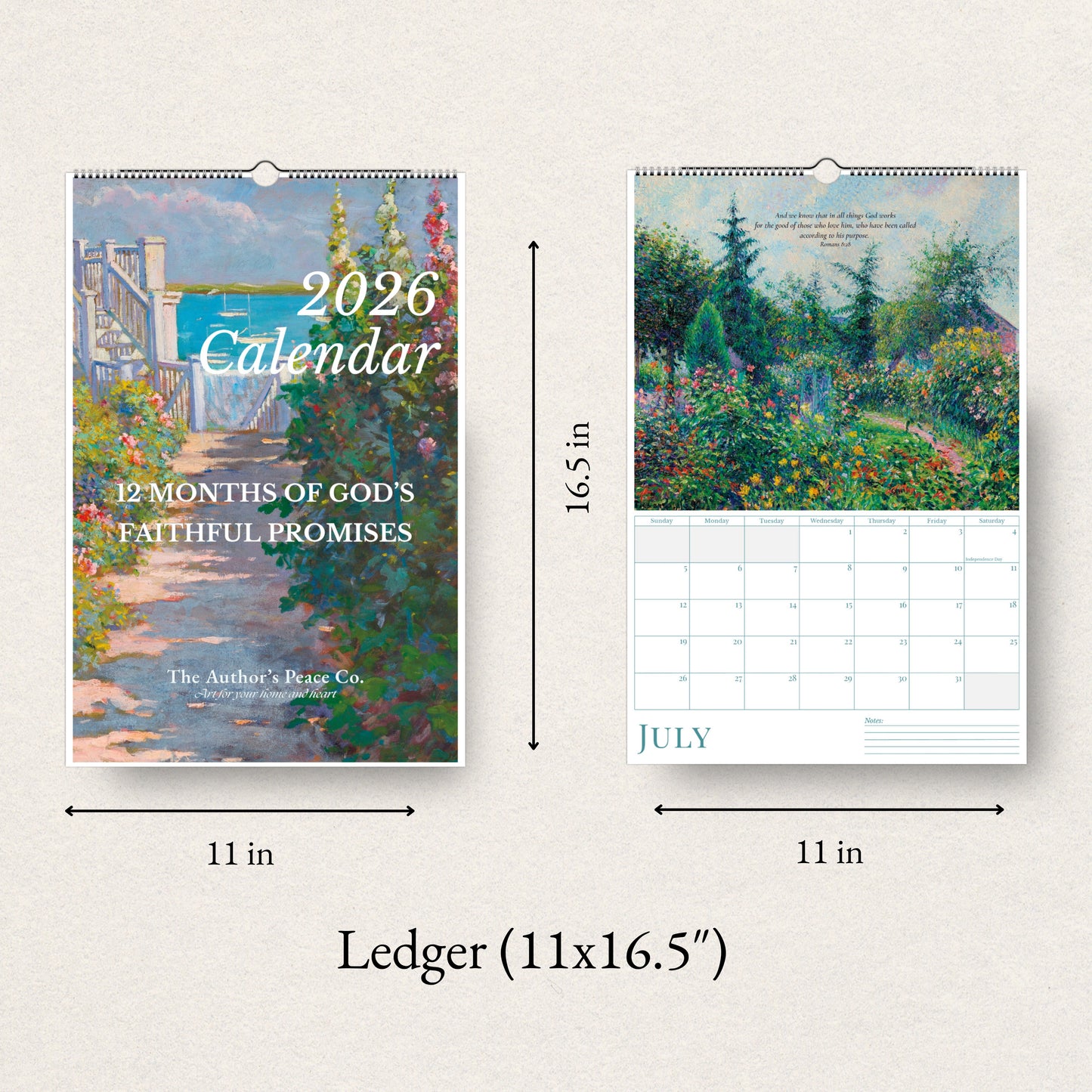 2026 calendar with landscape design and dimensions on a white background