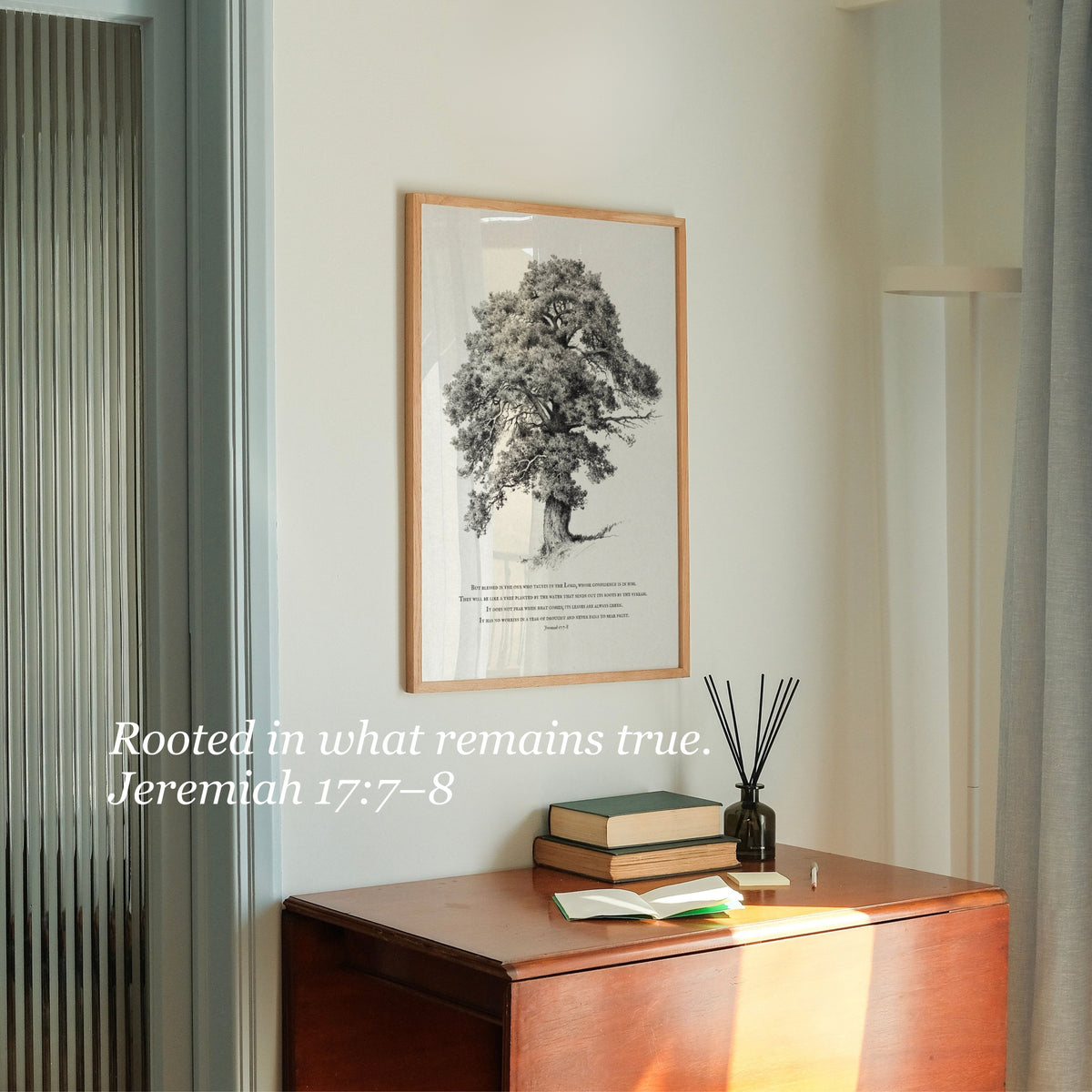 Vintage tree print on wall with quote "rooted in what remains true"