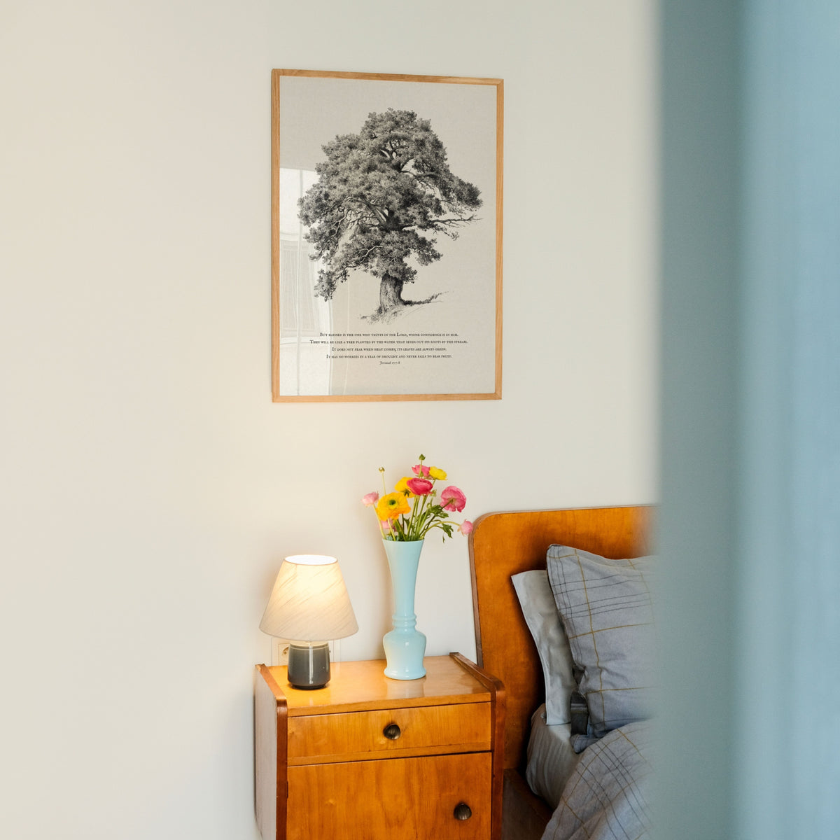 Vintage tree print on bedroom wall