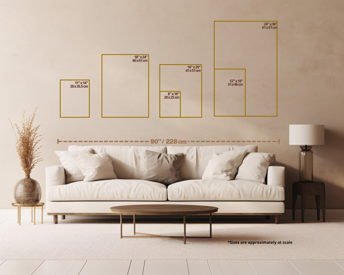Living room with a white sofa, coffee table, and decorative items, featuring wall measurements.