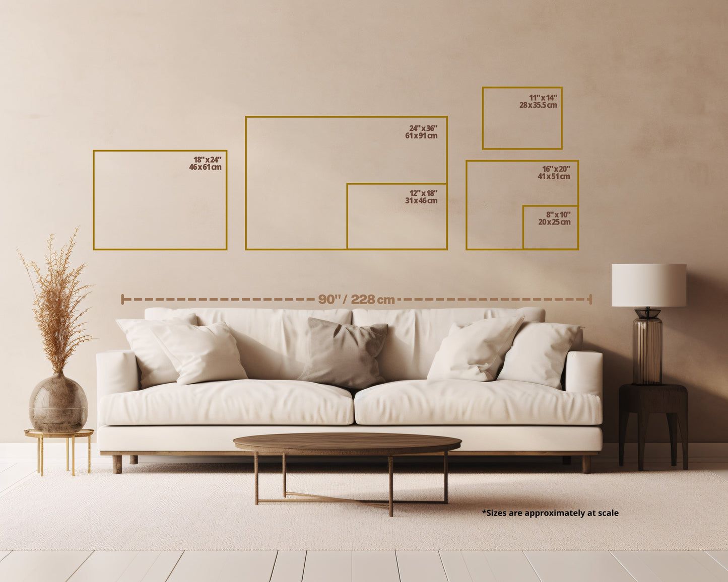 Living room with a white sofa, coffee table, and measurement guideline for wall art on a beige wall.