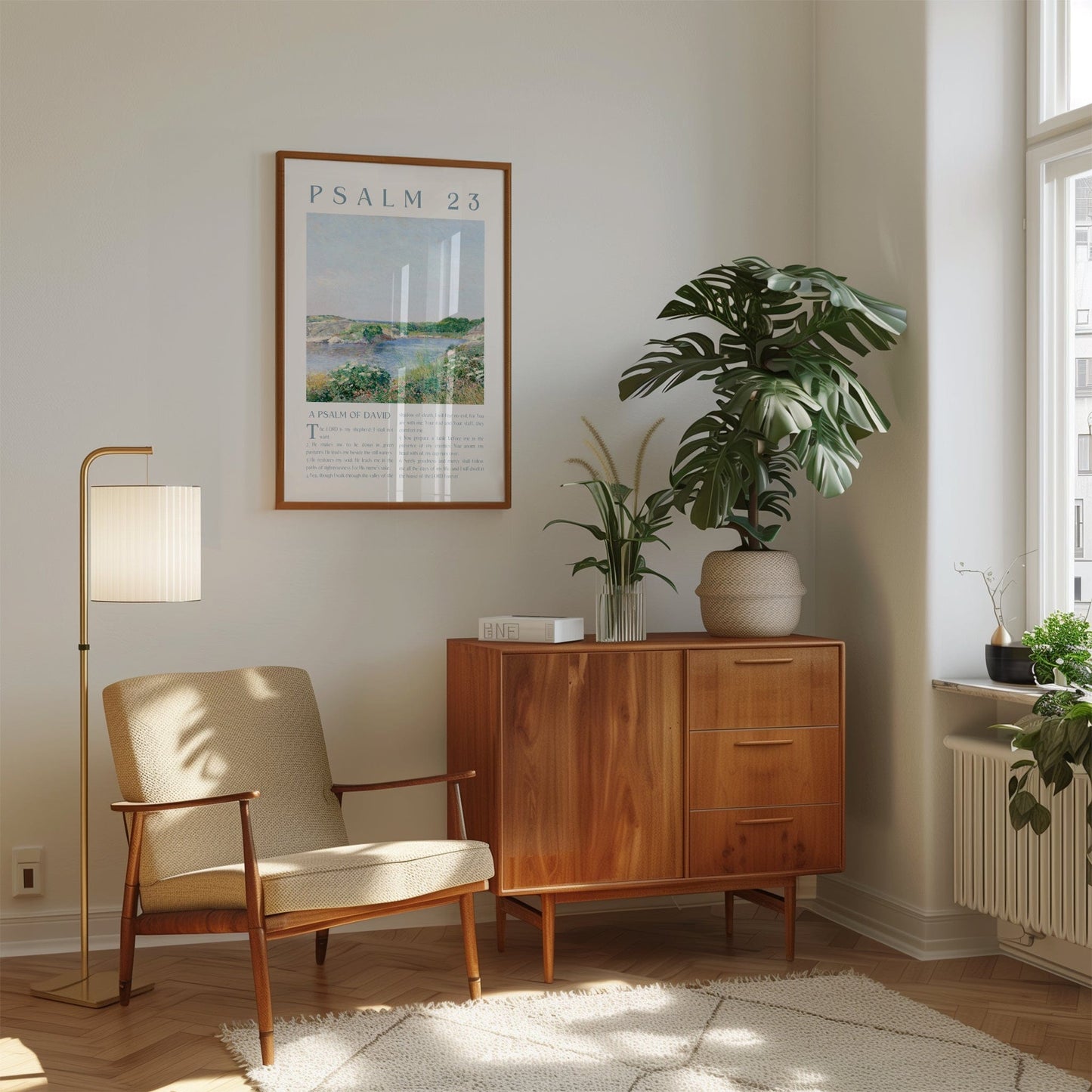 Living room with wooden cabinet, chair, and plants
