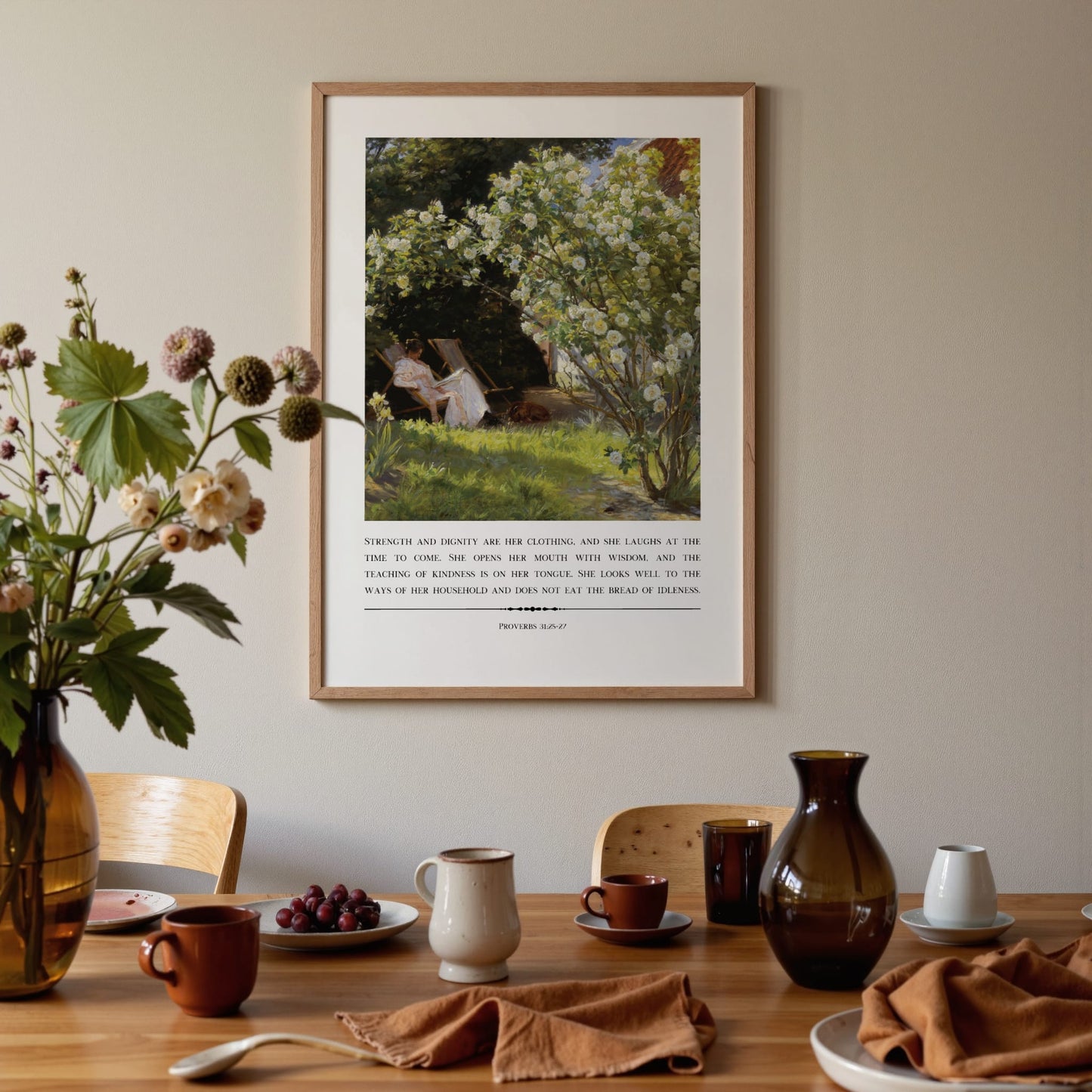 Dining room with a framed artwork on the wall, table setting, and decorative elements.