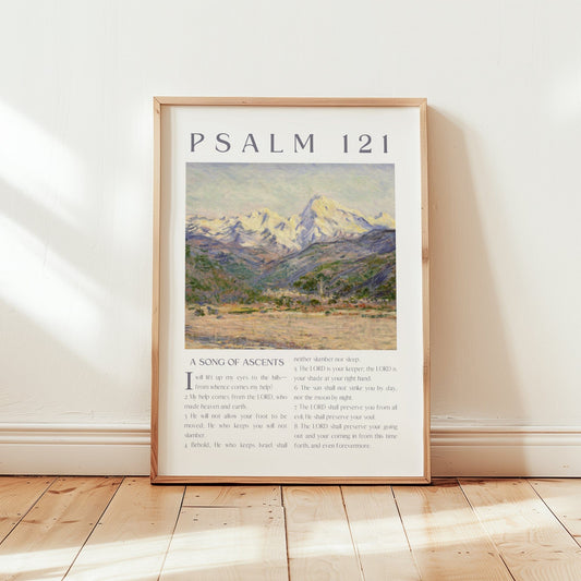 Framed artwork with mountain landscape and text on a wall.