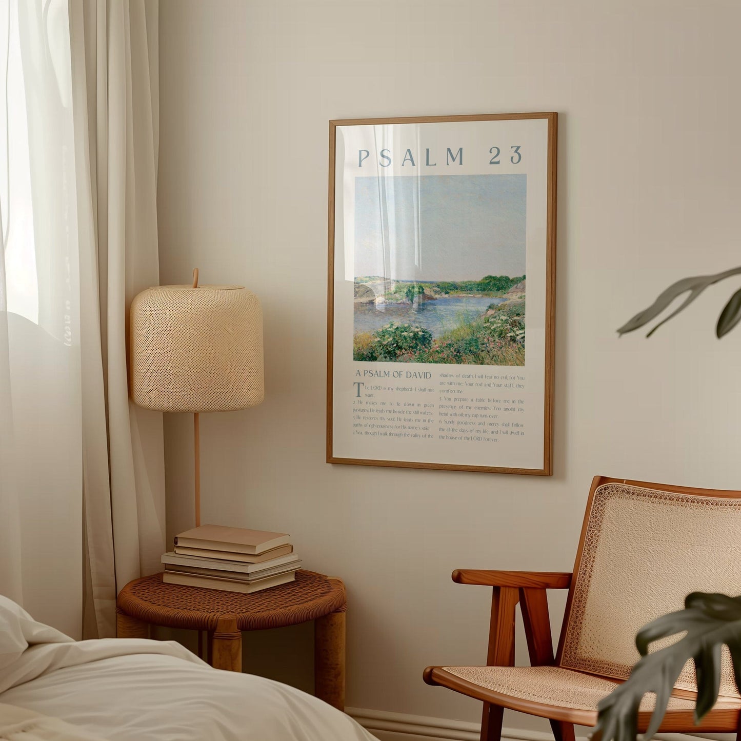 Room interior with a framed poster titled 'Psalm 23', lamp, and chair.