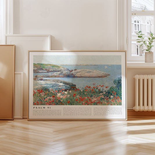 Framed artwork with a scenic landscape and text on a wall in a room with a radiator and window.