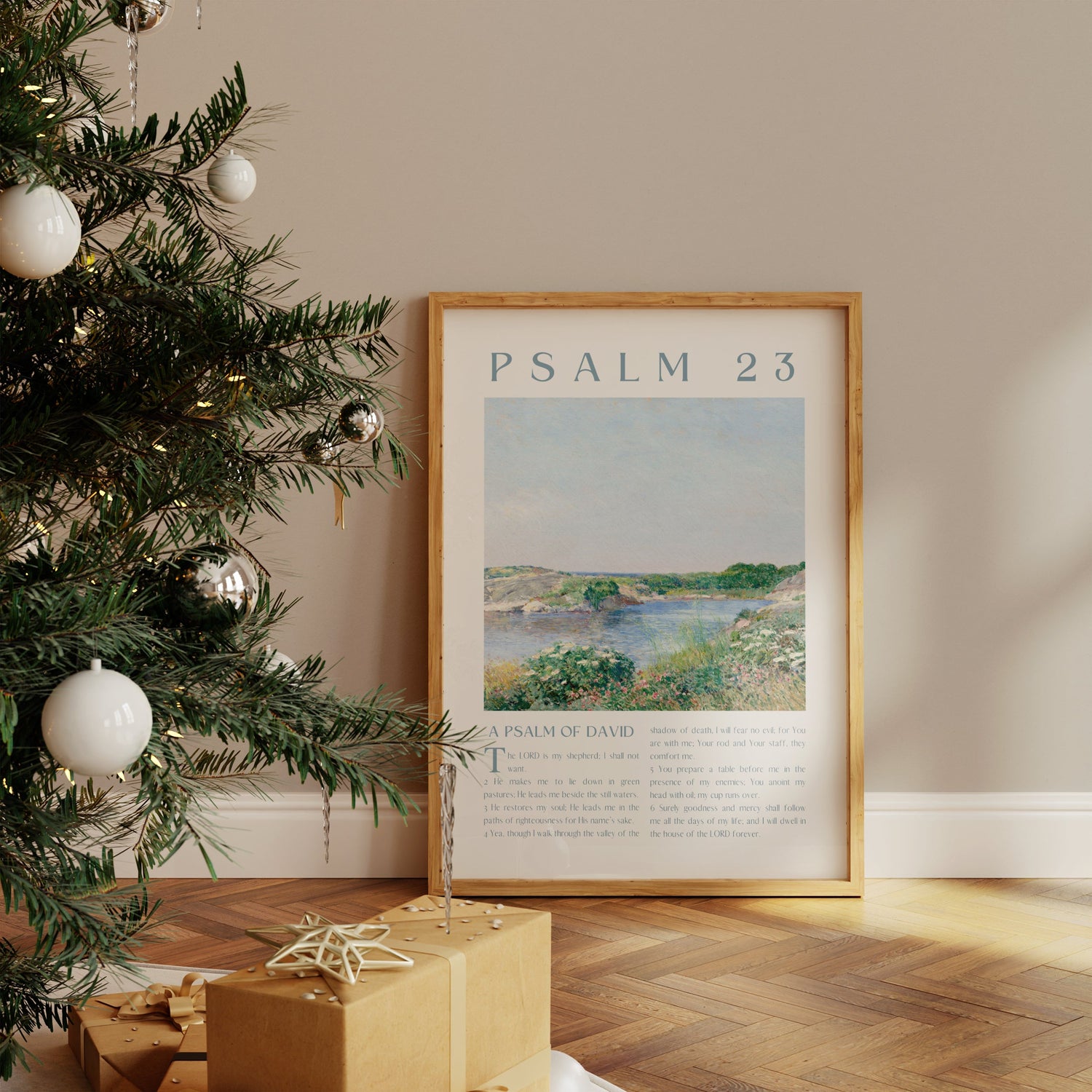 Christmas tree with 3 posters on the wall