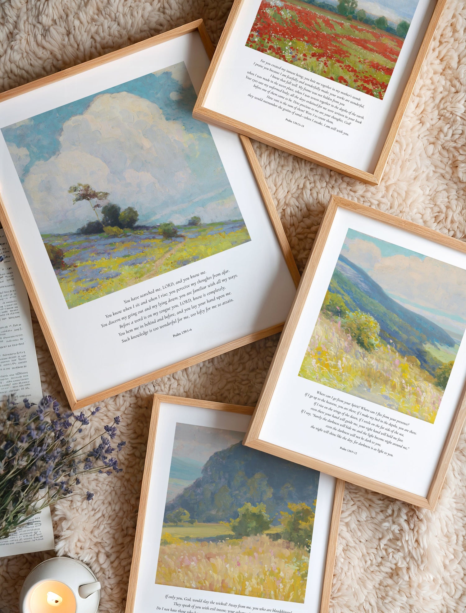 4 poster prints of psalm 139 on a carpet floor
