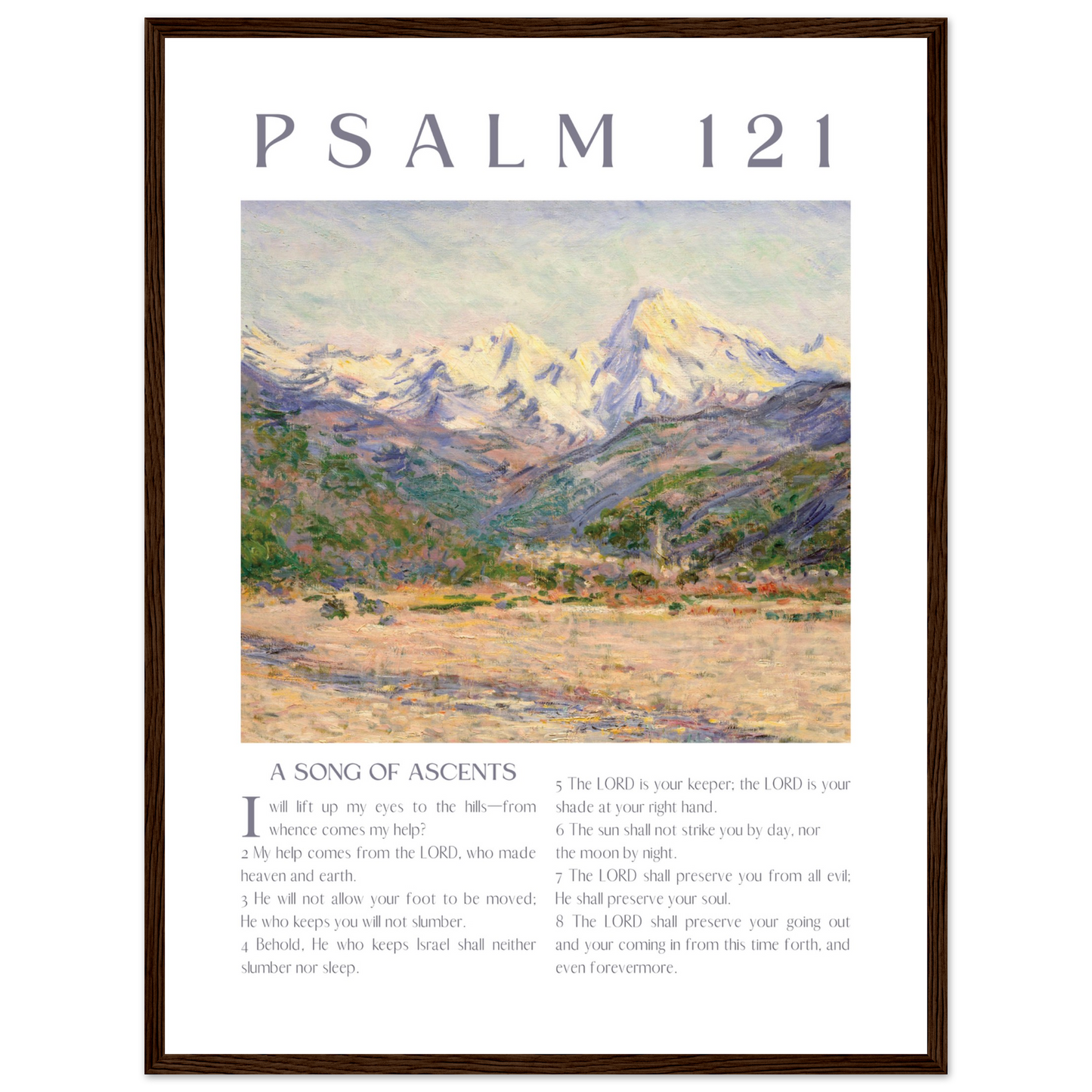 Framed artwork with a mountain landscape and text of Psalm 121 on a white background