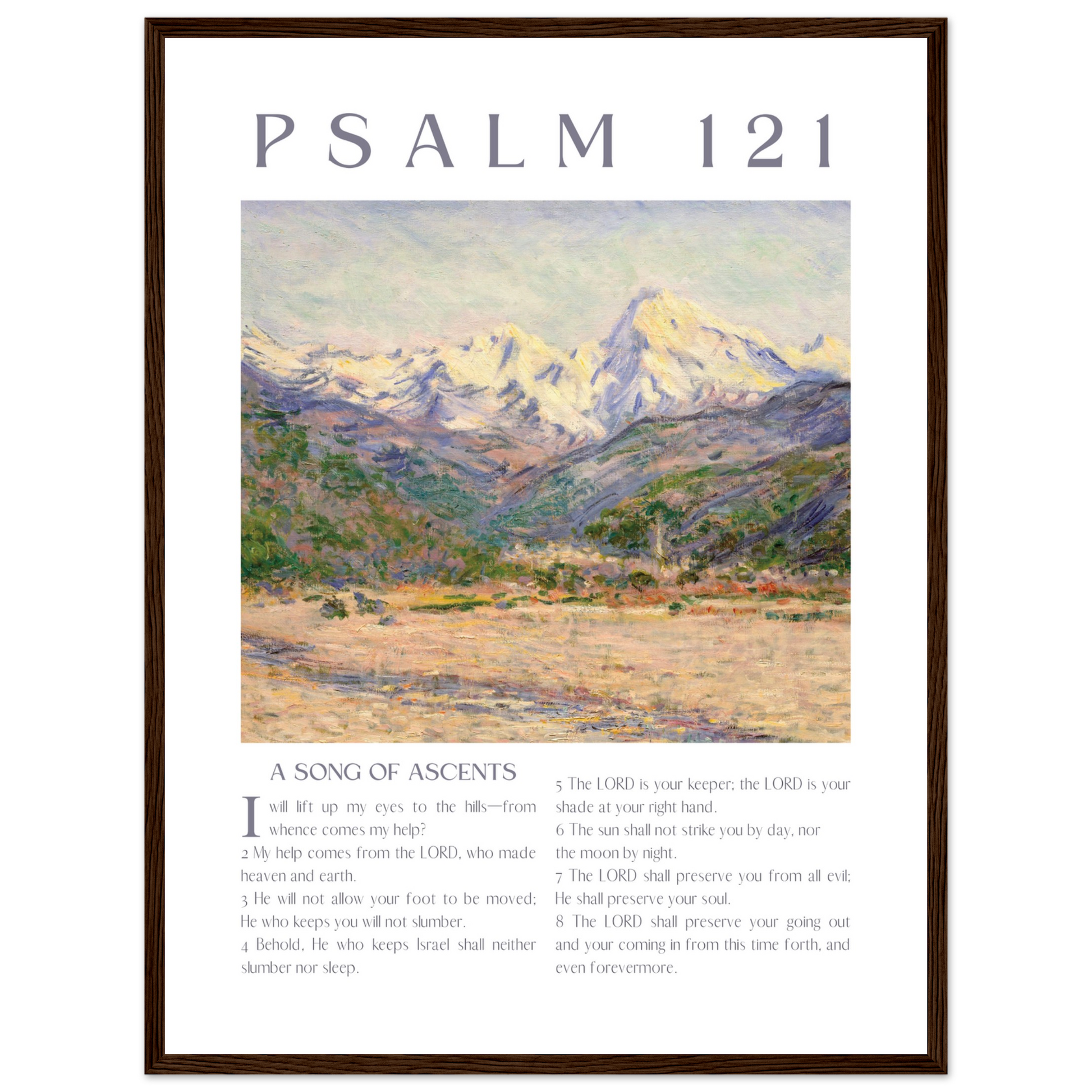 Framed artwork with a mountain landscape and text of Psalm 121 on a white background