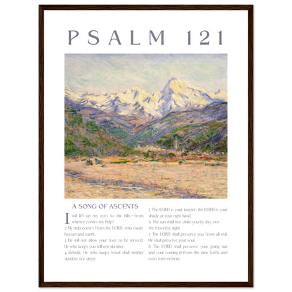 Framed artwork with a mountain landscape and text of Psalm 121 on a white background