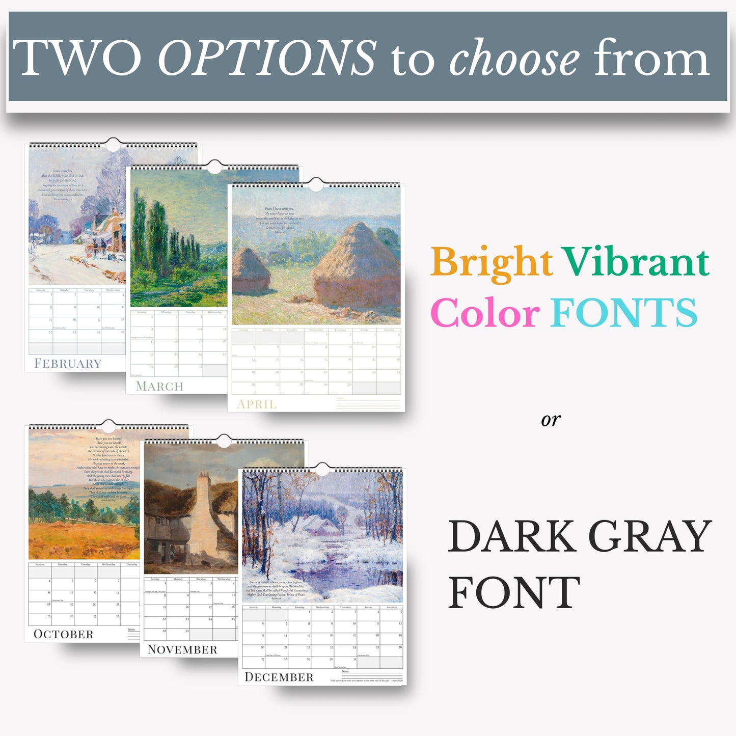 Calendar with landscape images and text about font options on a white background