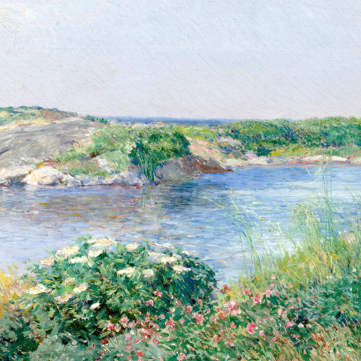 Impressionist landscape painting of a calm river or inlet bordered by green grasses, rocks, shrubs, and small pink and white flowers under a pale sky.
