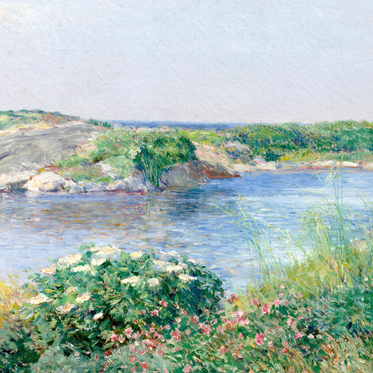 Impressionist landscape painting of a calm river or inlet bordered by green grasses, rocks, shrubs, and small pink and white flowers under a pale sky.