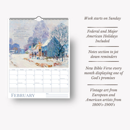 Calendar with vintage art and religious text on a white background