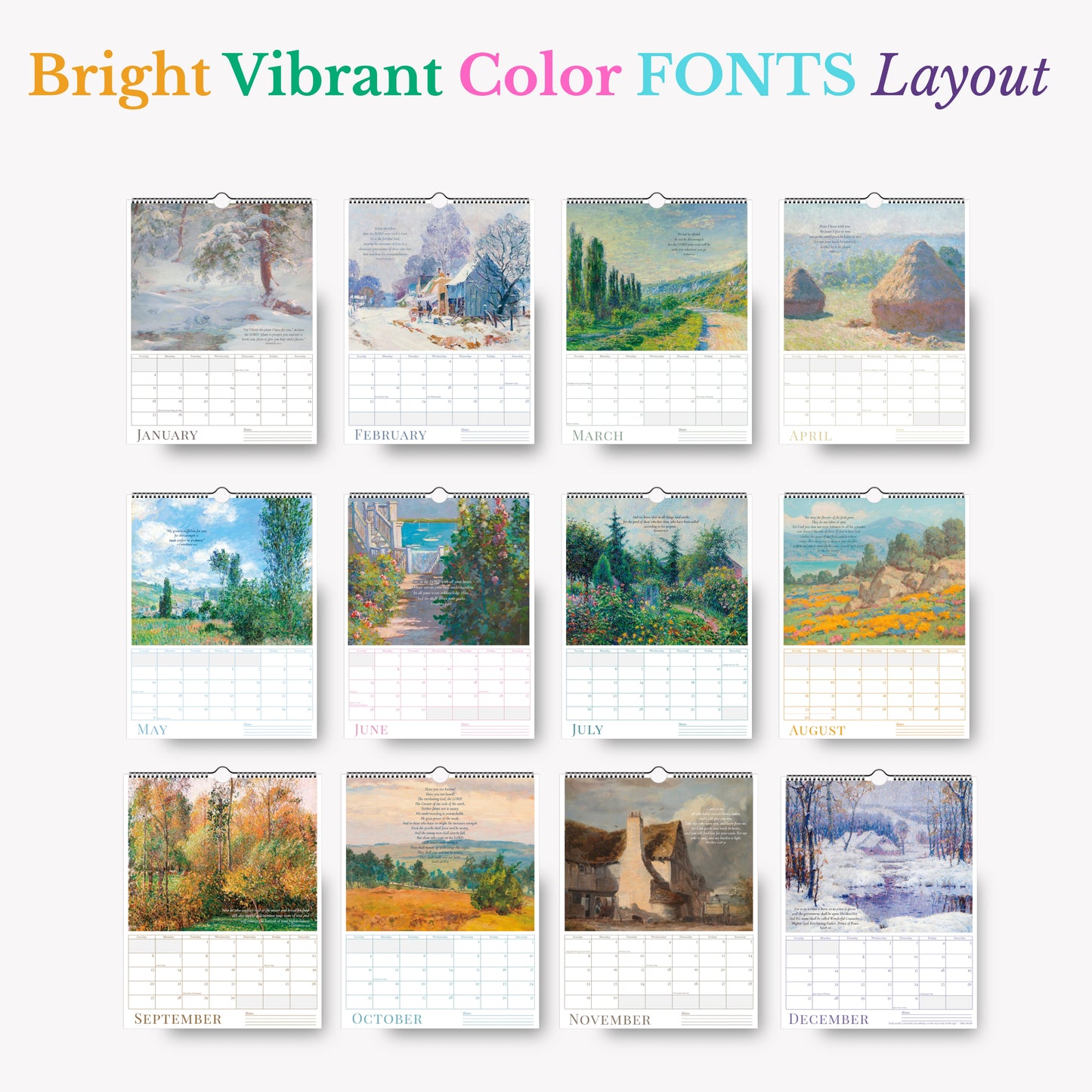 Calendar with landscape illustrations for each month on a white background