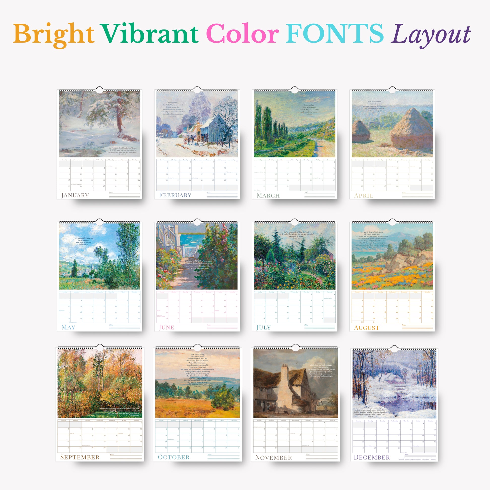 Calendar with landscape illustrations for each month on a white background