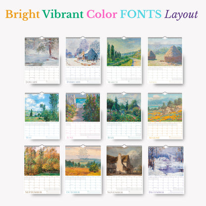 Calendar with landscape illustrations for each month on a white background