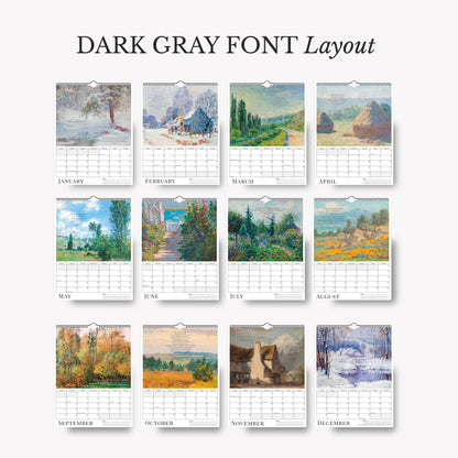 Calendar with landscape illustrations for each month on a white background