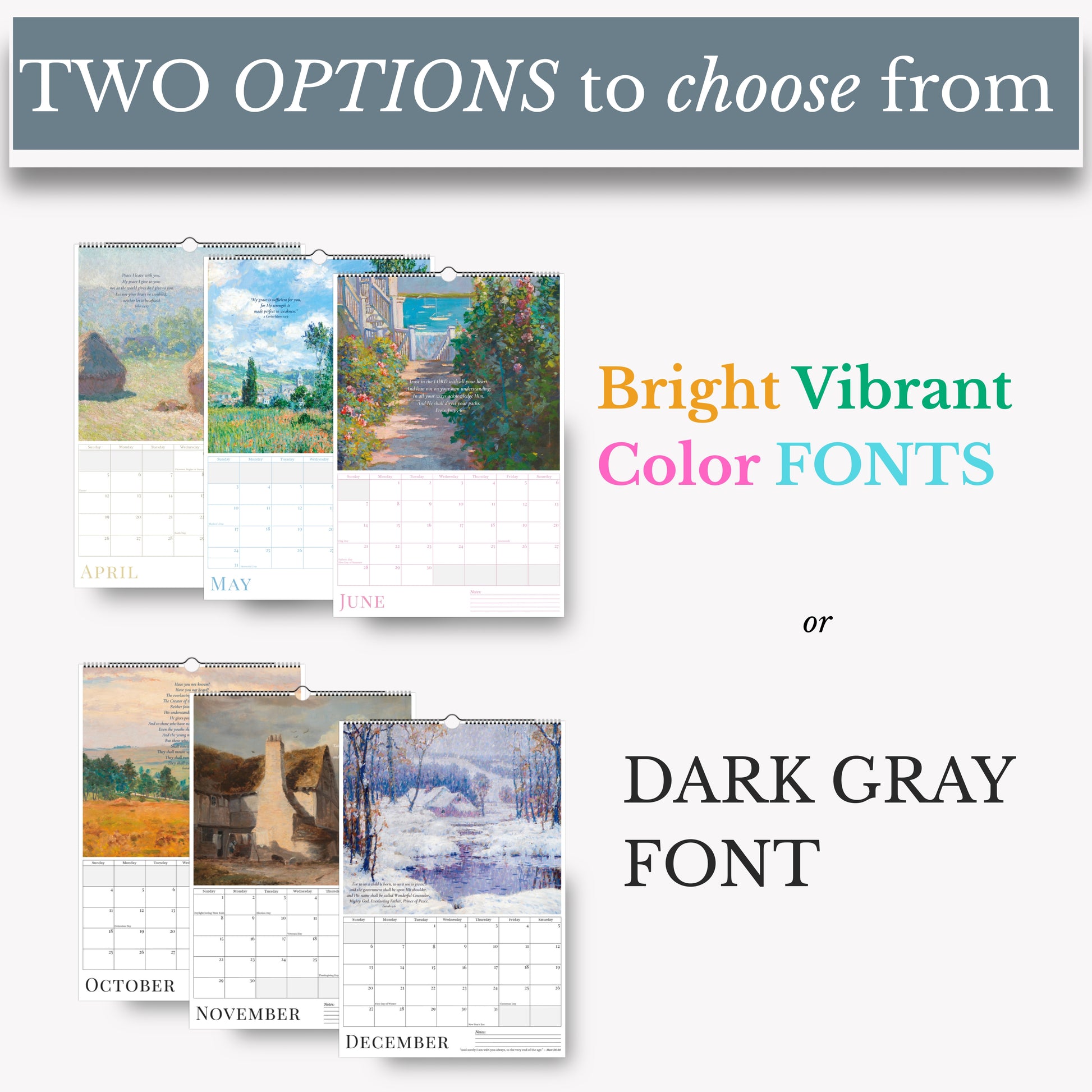 Calendar with scenic images and text about color font options on a white background