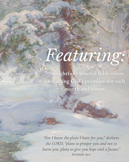 Winter scene with snow-covered trees and text about Bible verses and God's promises.