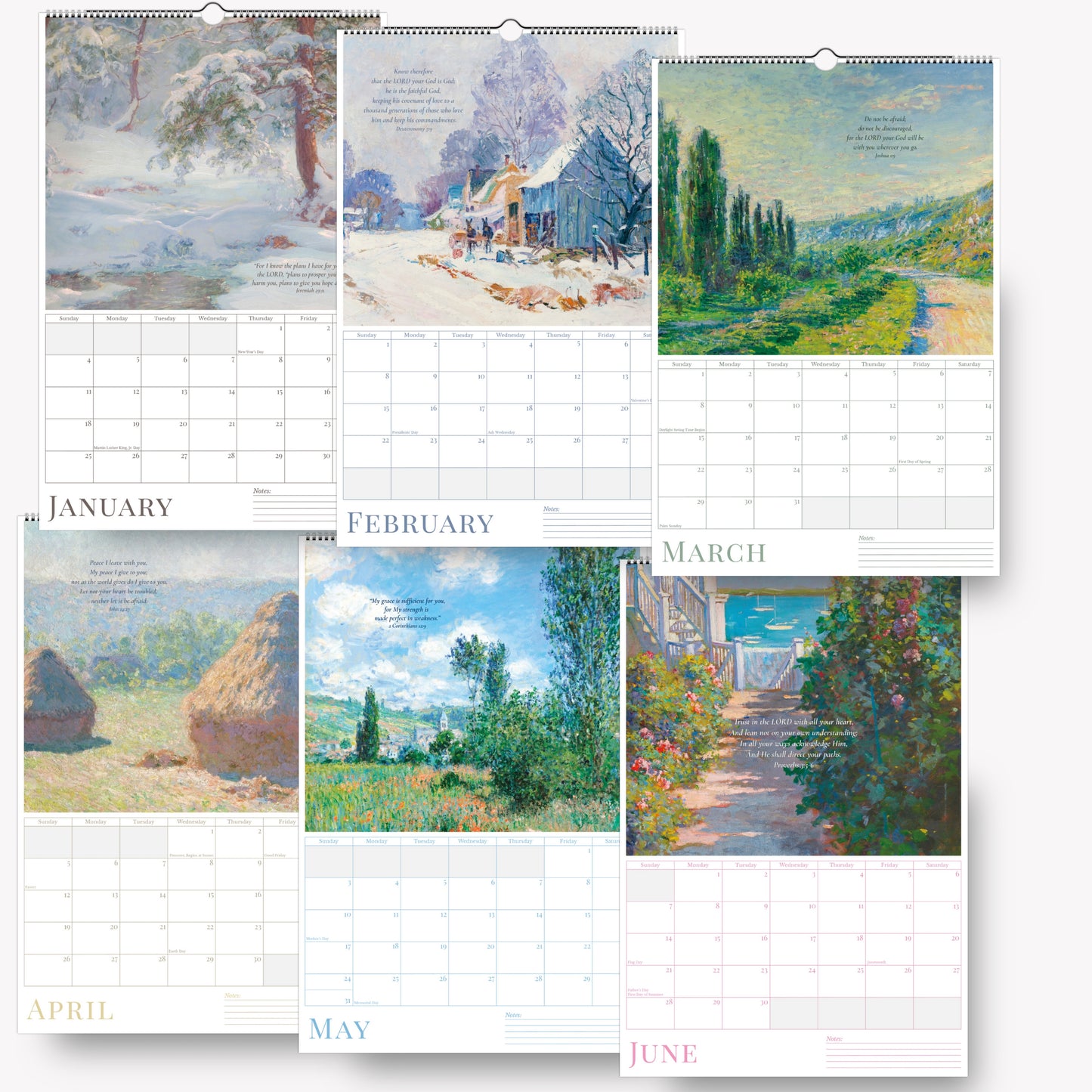 Calendar with paintings of landscapes and people, displayed in a grid format.