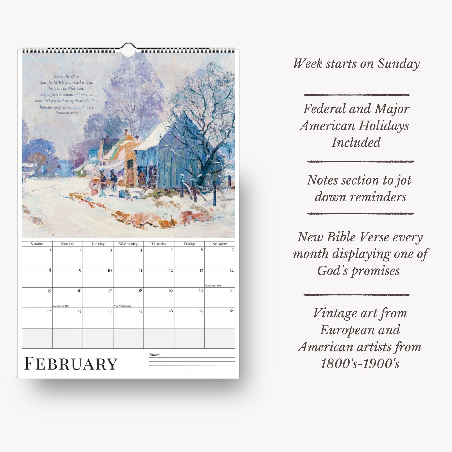 Calendar with vintage art and religious text on a white background