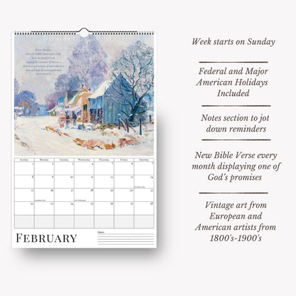 Calendar with vintage art and religious text on a white background