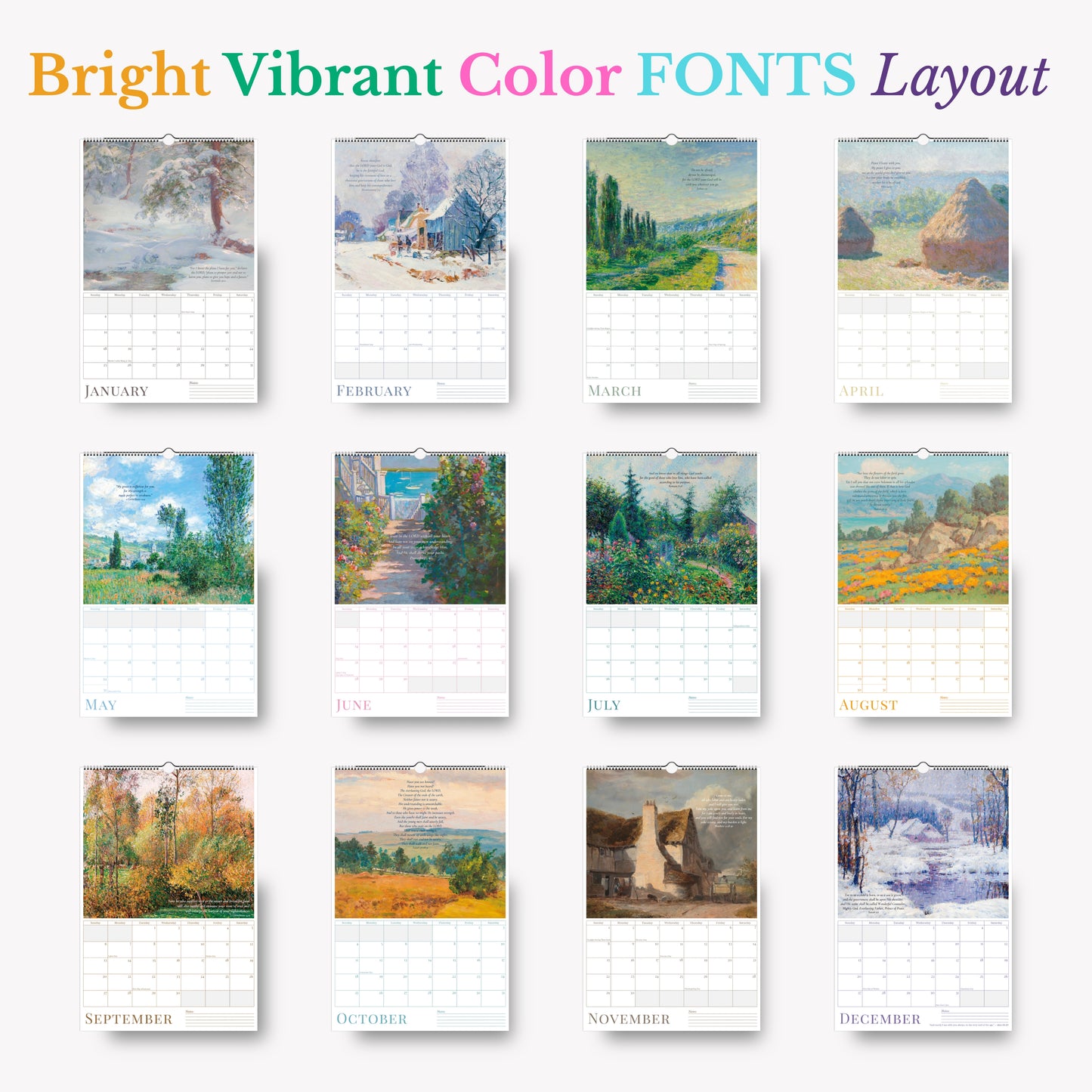 Calendar with landscape paintings for each month, featuring bright and vibrant colors.
