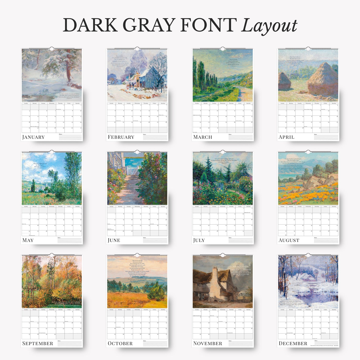 Calendar with landscape images for each month, featuring a dark gray font layout.