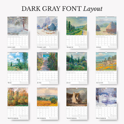 Calendar with landscape images for each month, featuring a dark gray font layout.