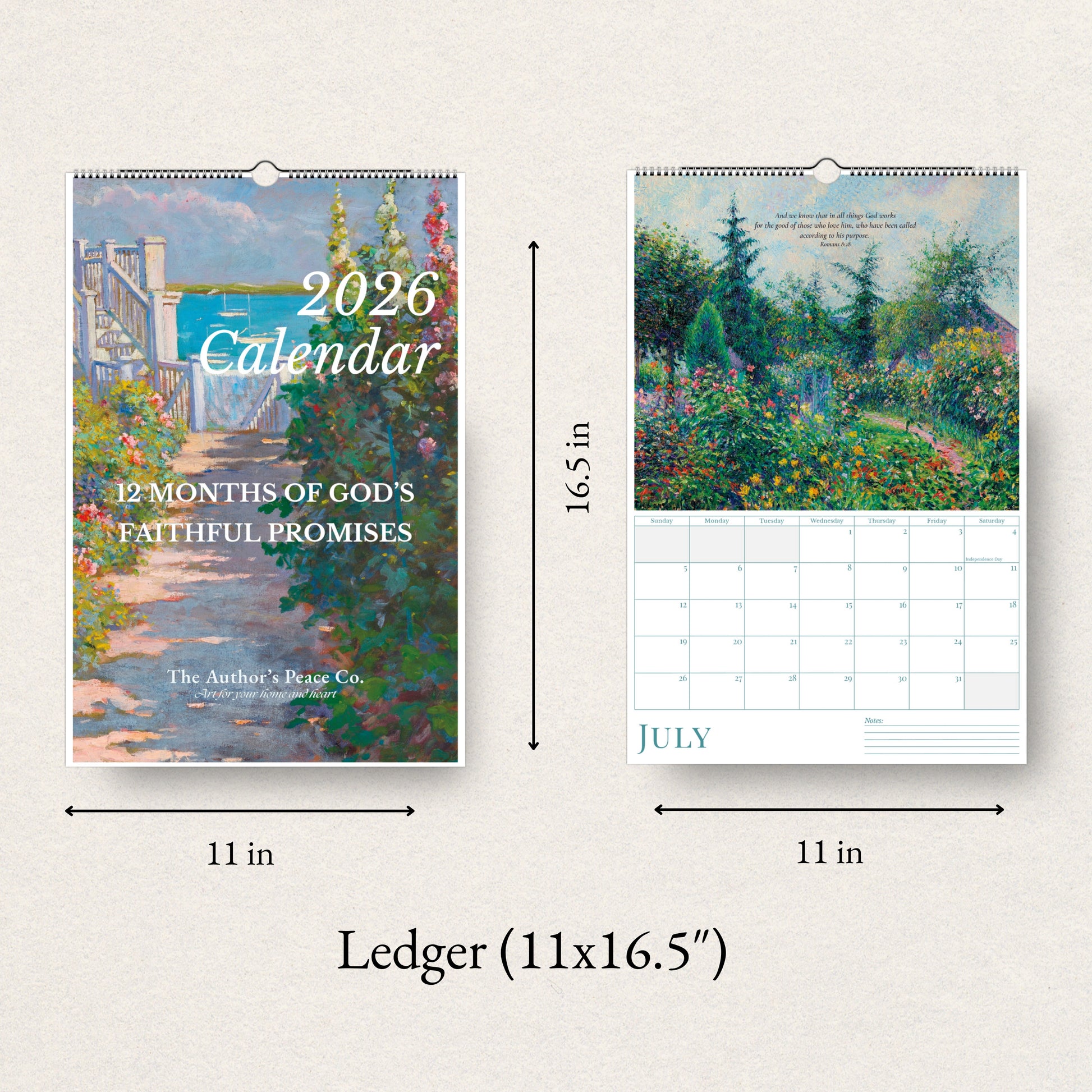 2026 calendar with landscape design and dimensions on a white background
