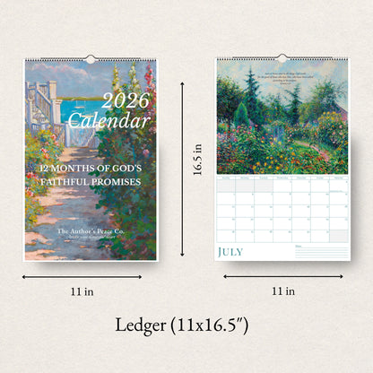 2026 calendar with landscape design and dimensions on a white background