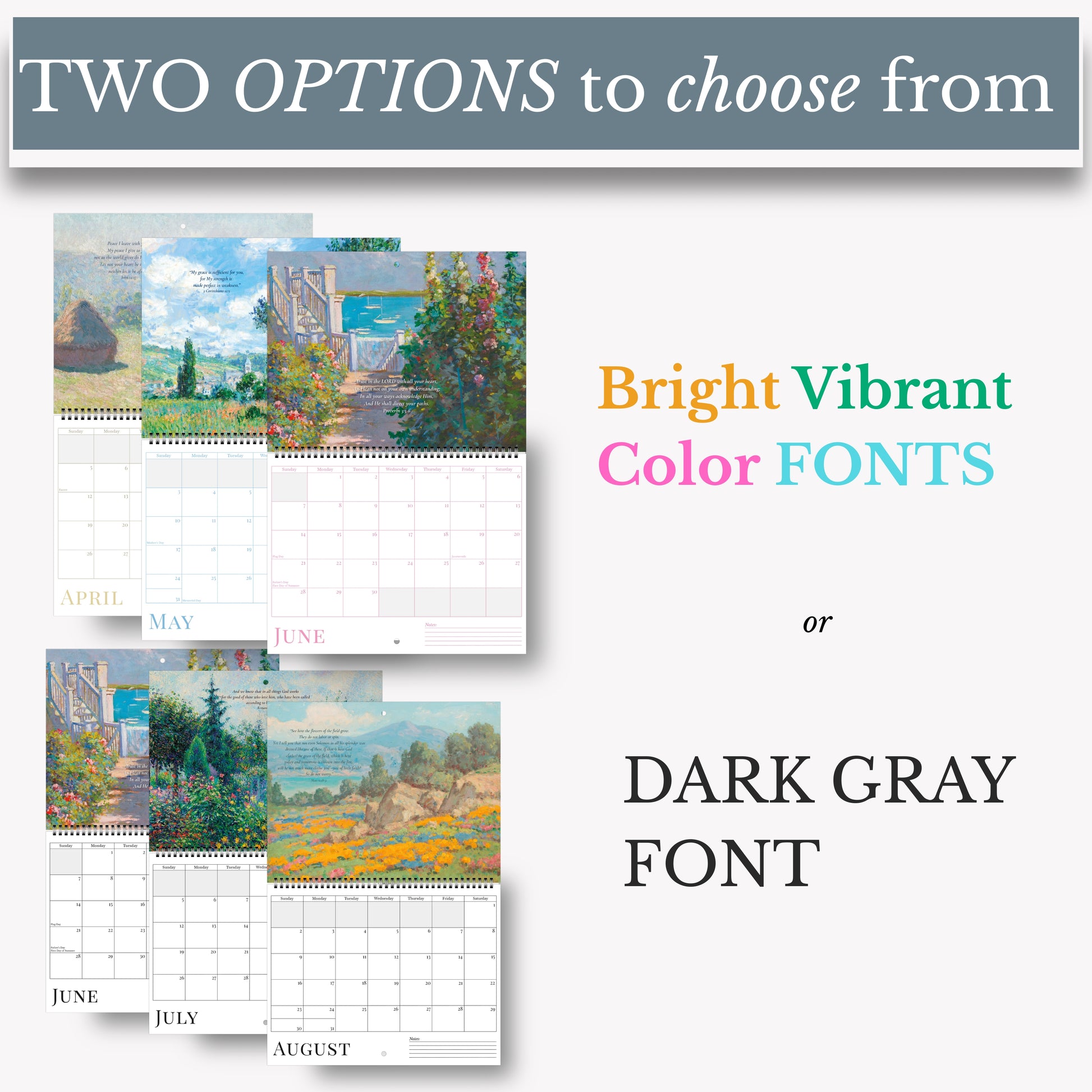 Calendar with artistic designs on a white background, featuring text about font options.