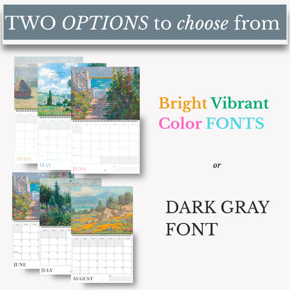 Calendar with artistic designs on a white background, featuring text about font options.