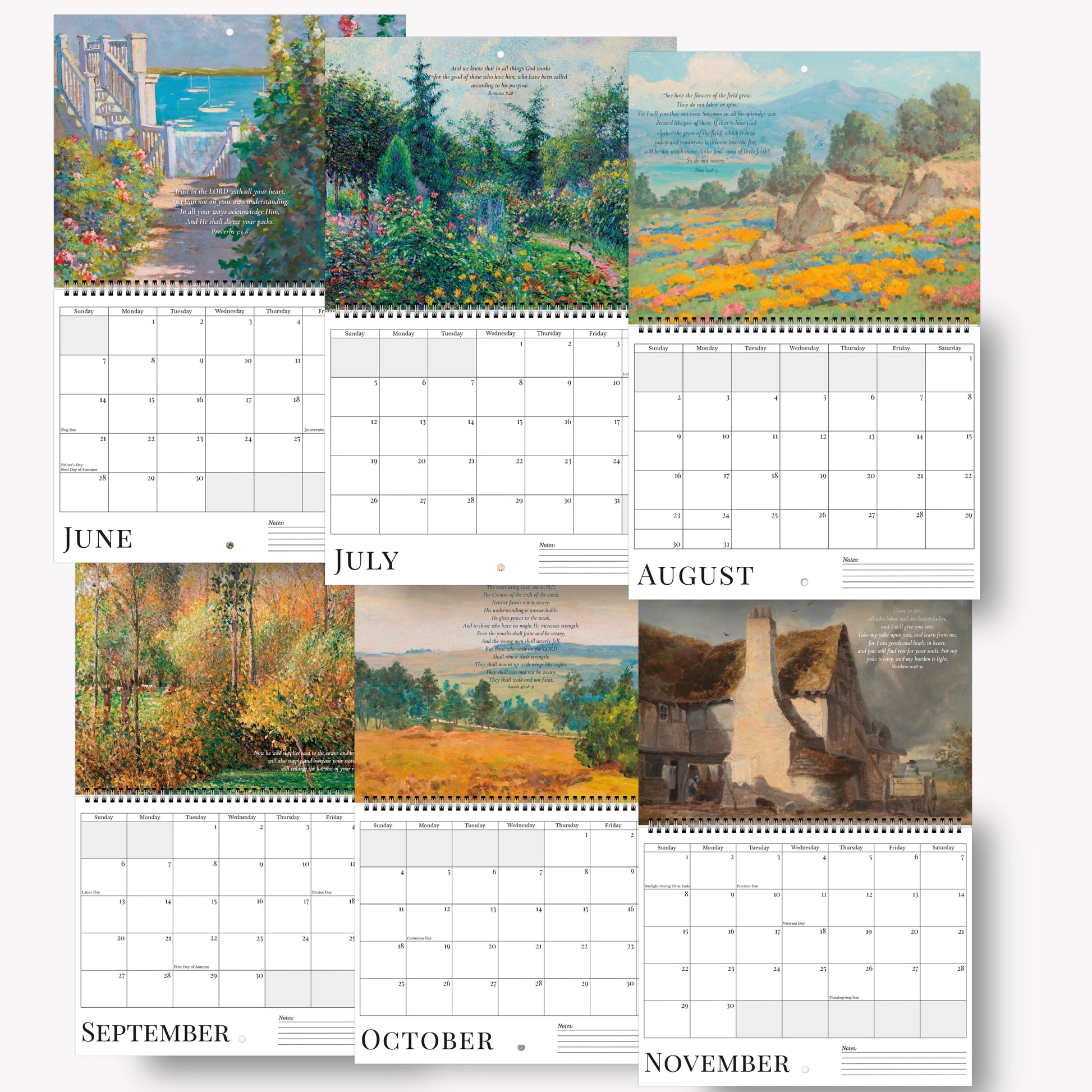 Calendar with scenic images of landscapes and buildings on a white background