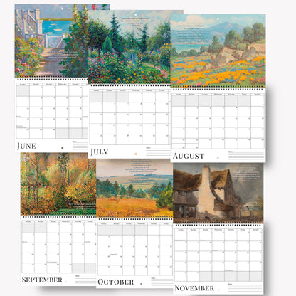 Calendar with scenic images of landscapes and buildings on a white background