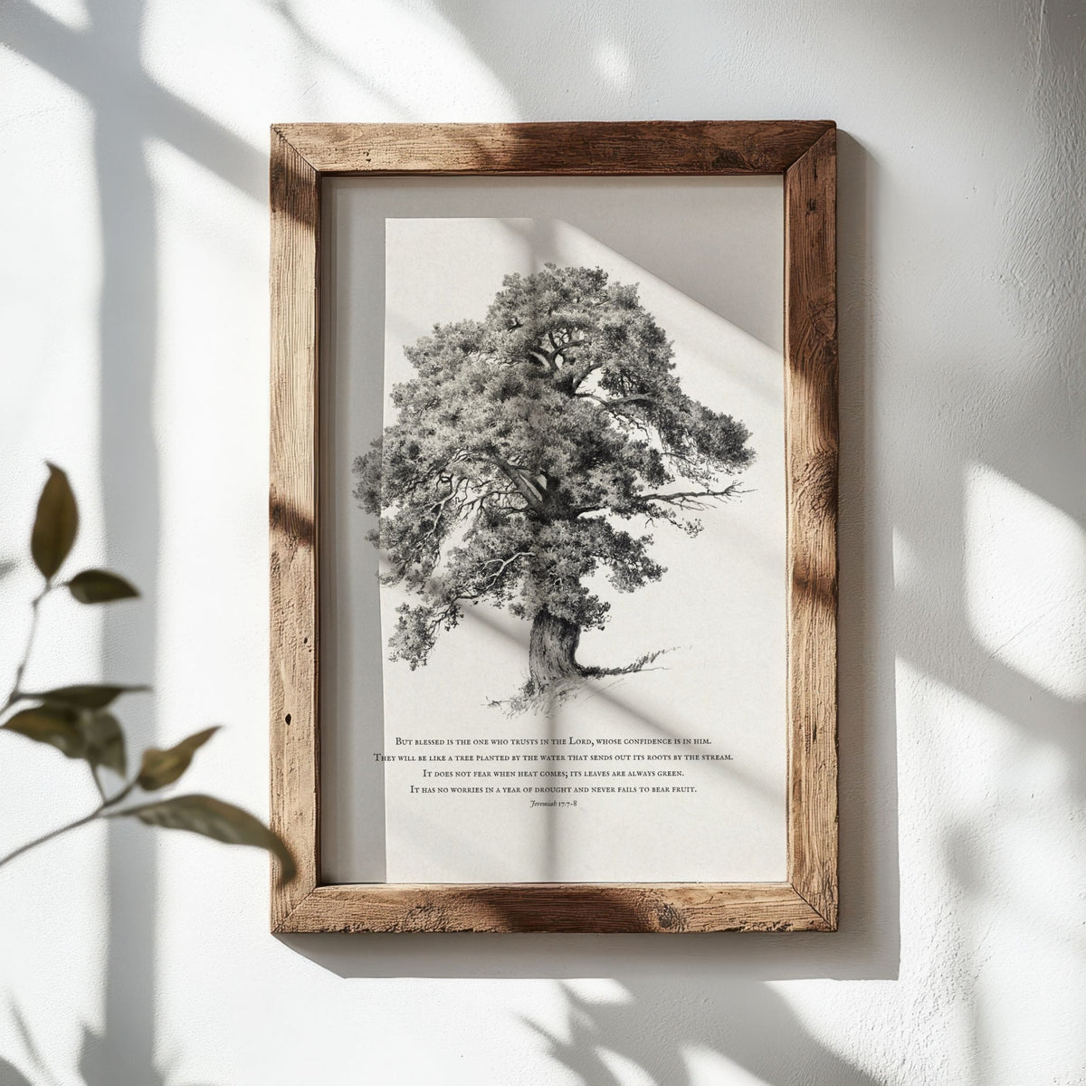 A framed black and white botanical art print of an oak tree with text at the bottom, displayed in a rustic wooden frame on a white wall with soft window shadow overlays.