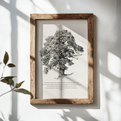 A framed black and white botanical art print of an oak tree with text at the bottom, displayed in a rustic wooden frame on a white wall with soft window shadow overlays.