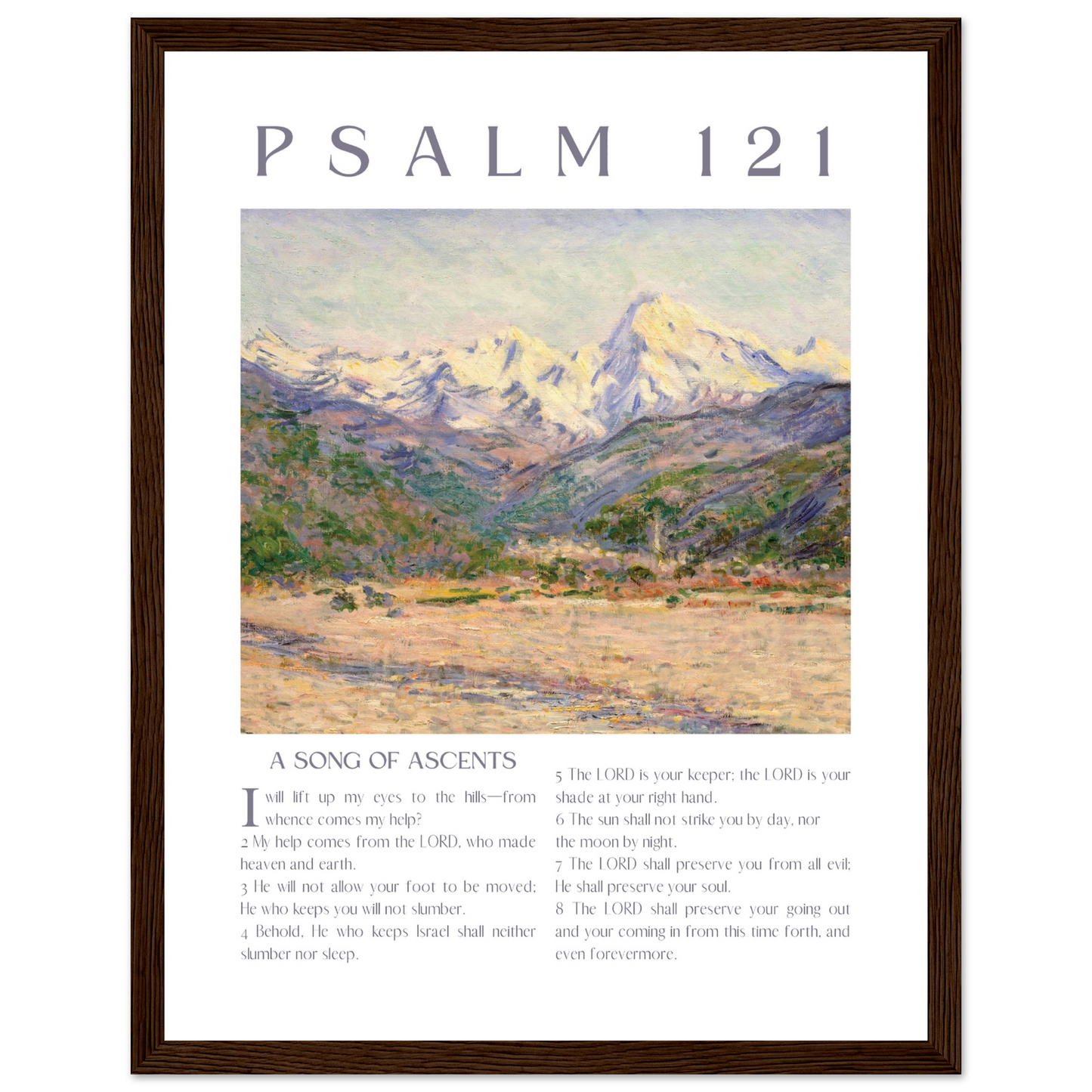Framed artwork with mountain landscape and 'Psalm 121' text