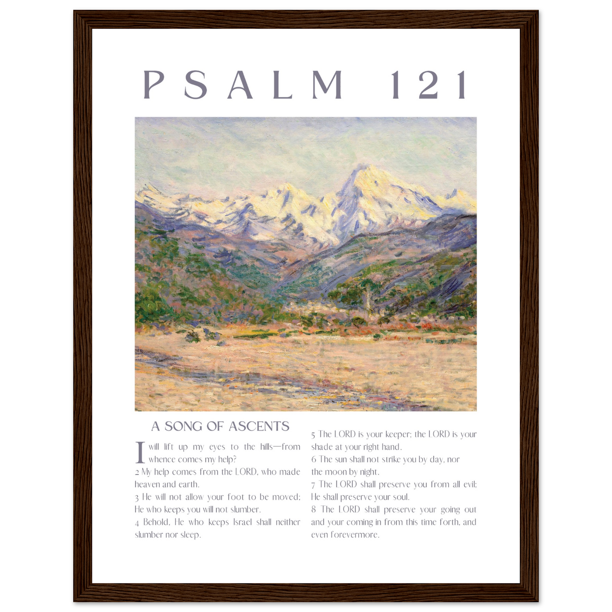 Framed artwork with mountain landscape and 'Psalm 121' text