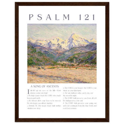 Framed artwork with mountain landscape and 'Psalm 121' text
