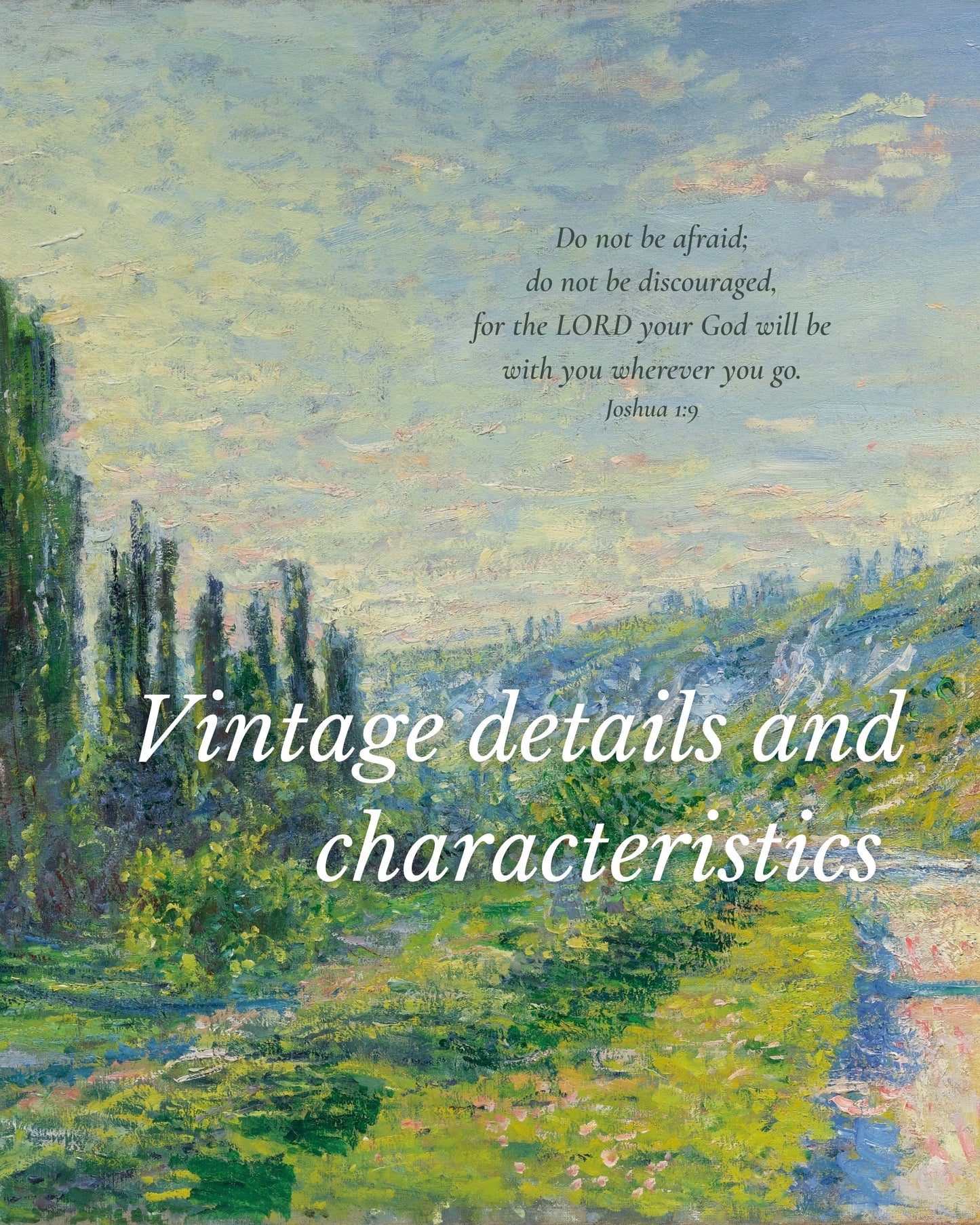 Vintage-style landscape painting with a quote on a blue background