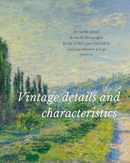 Vintage-style landscape painting with a quote on a blue background