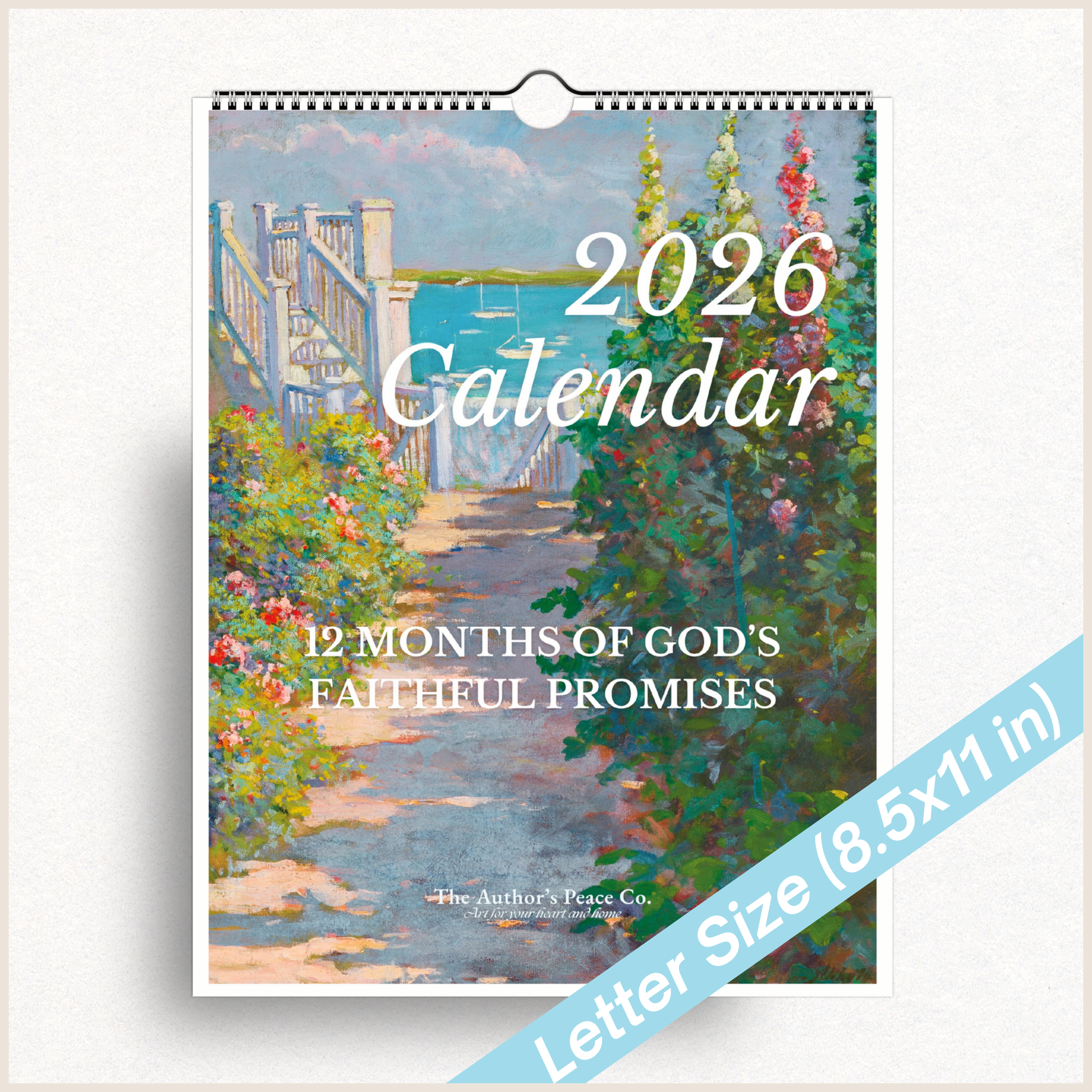 2026 calendar with nature-themed cover and text '12 Months of God's Faithful Promises'.