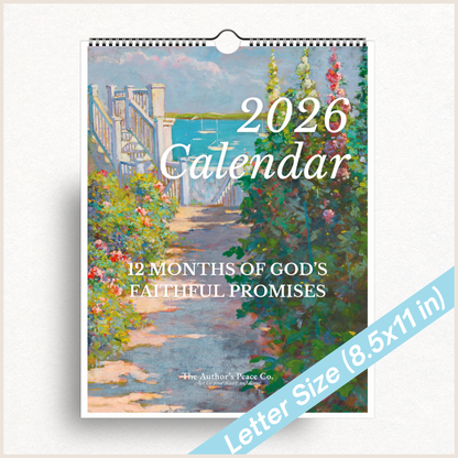 2026 calendar with nature-themed cover and text '12 Months of God's Faithful Promises'.