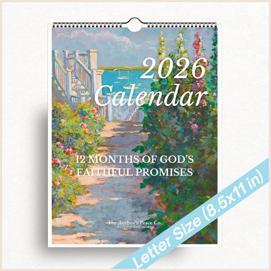 2026 calendar with nature-themed cover and text '12 Months of God's Faithful Promises'.