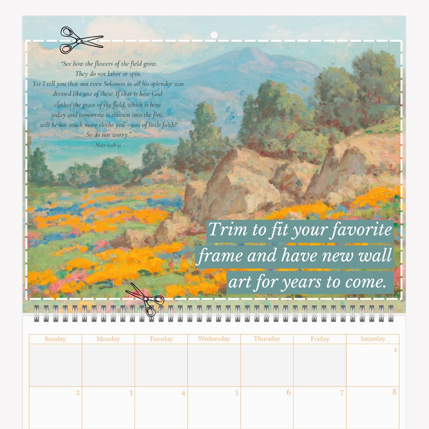 Calendar with scenic landscape and text, featuring scissors for trimming.
