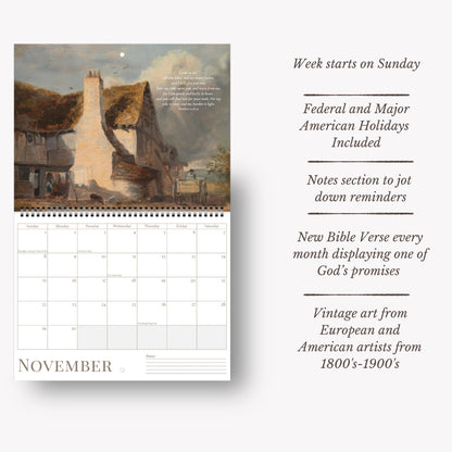 November calendar page with vintage art and holiday information on a white background